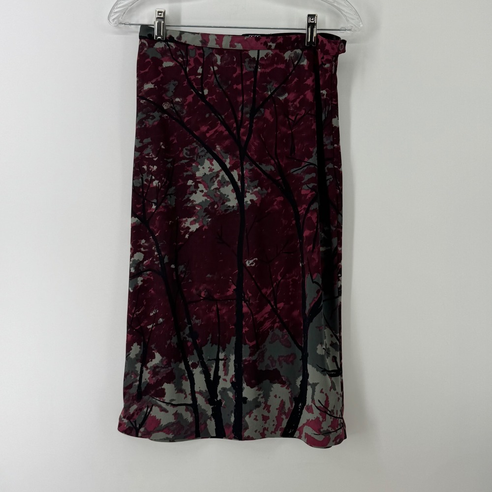 BCBG Max Azria Collection Womens 6 Burgundy Tree Print Midi Skirt Made in USA